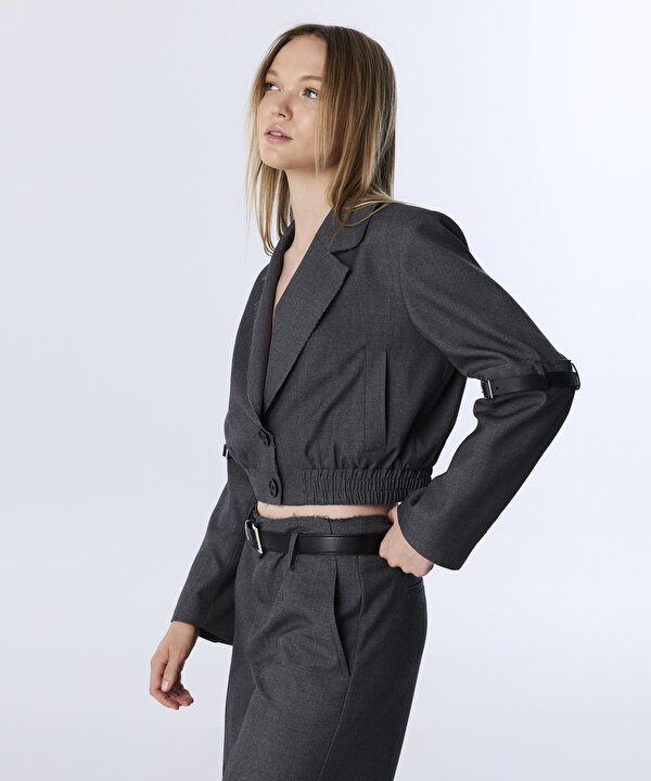 SUNİ DERİ KEMERLİ CROP BLAZER-TW6250106019036-Antrasit-Blazer