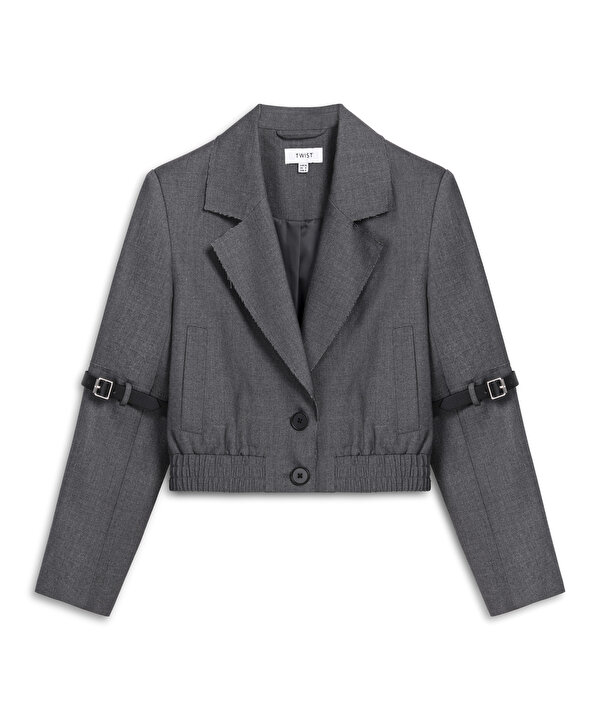 SUNİ DERİ KEMERLİ CROP BLAZER-TW6250106019036-Antrasit-Blazer