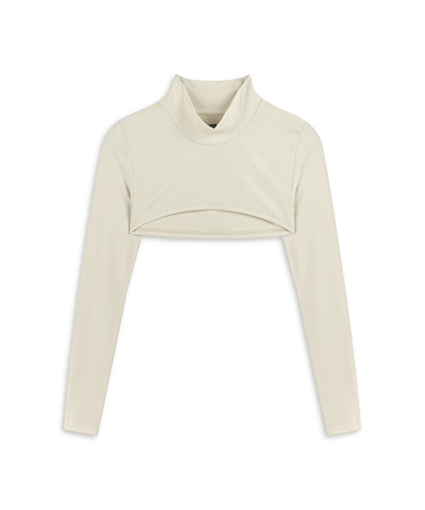 YÜKSEK YAKA CROP BLUZ-TW6250130004018-Ekru-Büstiyer