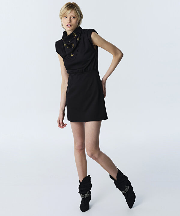 FULARLI MİNİ ELBİSE-TW6260002176001-Siyah-Elbise