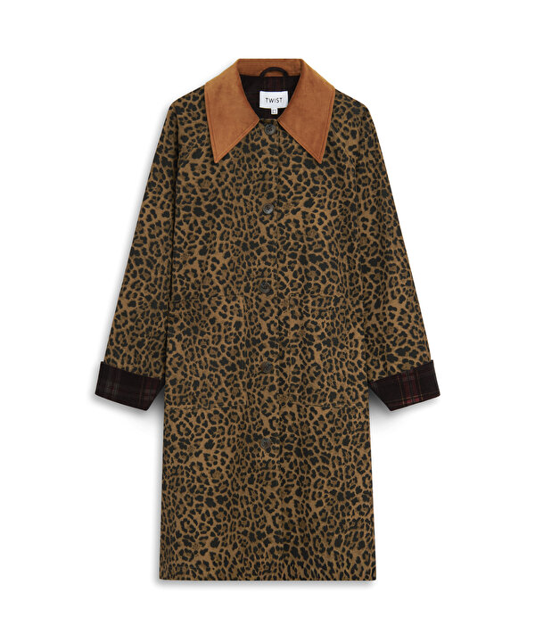KONTRAST YAKA LEOPAR DESEN PARDÖSÜ-TW6260011111074-Kahverengi-Trençkot