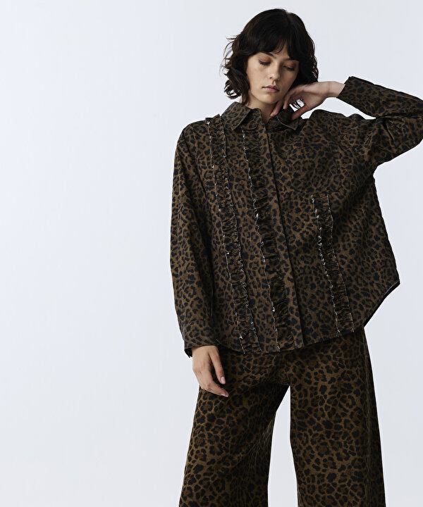 LEOPAR DESEN FIRFIRLI GÖMLEK-TW6260025130074-Kahverengi-GOMLEK
