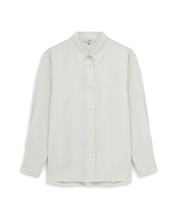 KONTRAST DOKULU OVERSIZE GÖMLEK-TW6260025133018-Ekru-GOMLEK