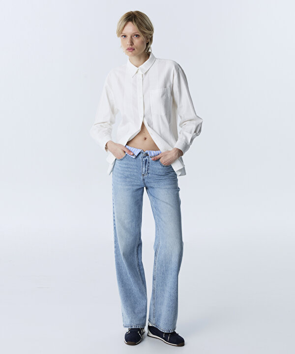KONTRAST DOKULU OVERSIZE GÖMLEK-TW6260025133018-Ekru-GOMLEK