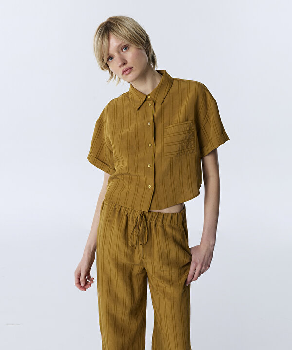 ÇİZGİLİ CROP GÖMLEK-TW6260025147024-Hardal-GOMLEK
