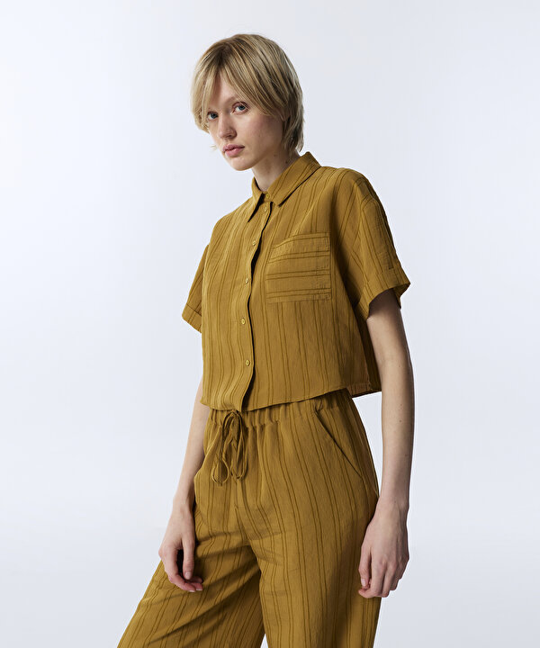 ÇİZGİLİ CROP GÖMLEK-TW6260025147024-Hardal-GOMLEK