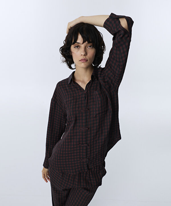 PÖTİKARE DESEN OVERSIZE GÖMLEK -TW6260025156008-Mürdüm-GOMLEK
