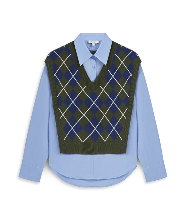 ÇİFT PARÇA GÖRÜNÜM OVERSIZE GÖMLEK-TW6260025158089-Mavi-GOMLEK