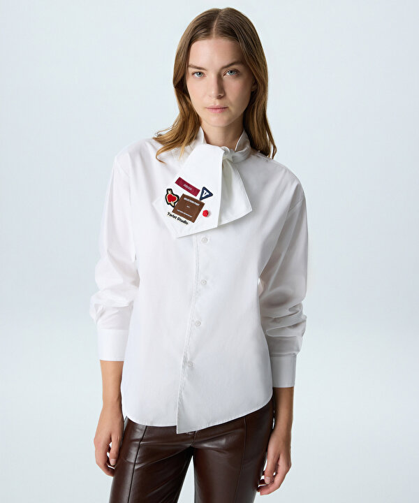 YAKASI BAĞLAMALI PATCH Lİ GÖMLEK-TW6260025233018-Ekru-GOMLEK