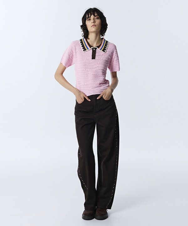 KONTRAST KROŞE YAKA TRİKO-TW6260050168033-Pembe-Triko