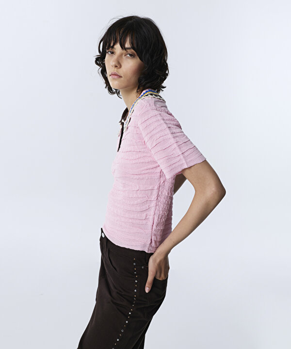 KONTRAST KROŞE YAKA TRİKO-TW6260050168033-Pembe-Triko