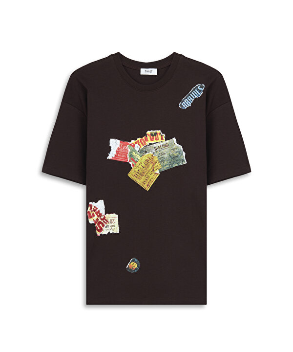 STICKER BASKILI OVERSIZE TİŞÖRT-TW6260070150008-Mürdüm-Tişört