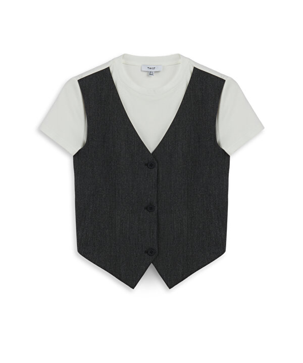 ÇİFT PARÇA GÖRÜNÜM KUMAŞ MIX TİŞÖRT-TW6260070152036-Antrasit-Tişört