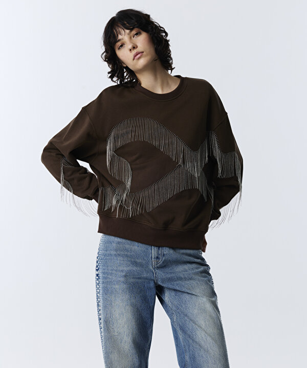 ZİNCİR PÜSKÜLLÜ SWEATSHIRT-TW6260091115074-Kahverengi-SWEATSHIRT