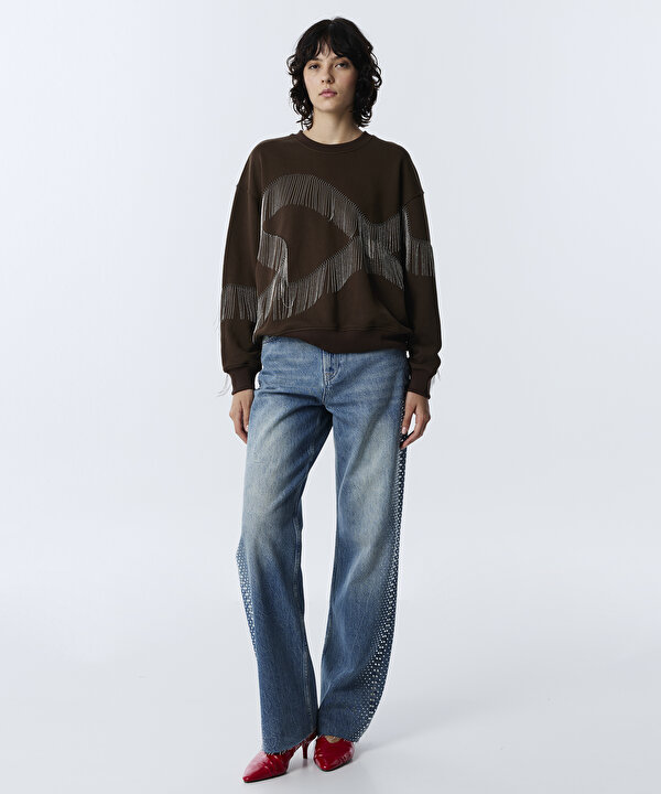 ZİNCİR PÜSKÜLLÜ SWEATSHIRT-TW6260091115074-Kahverengi-SWEATSHIRT