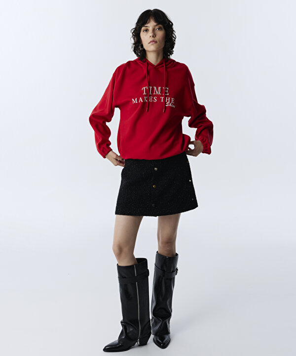 SUNİ İNCİ SLOGANLI SWEATSHIRT-TW6260091119034-Kırmızı-SWEATSHIRT