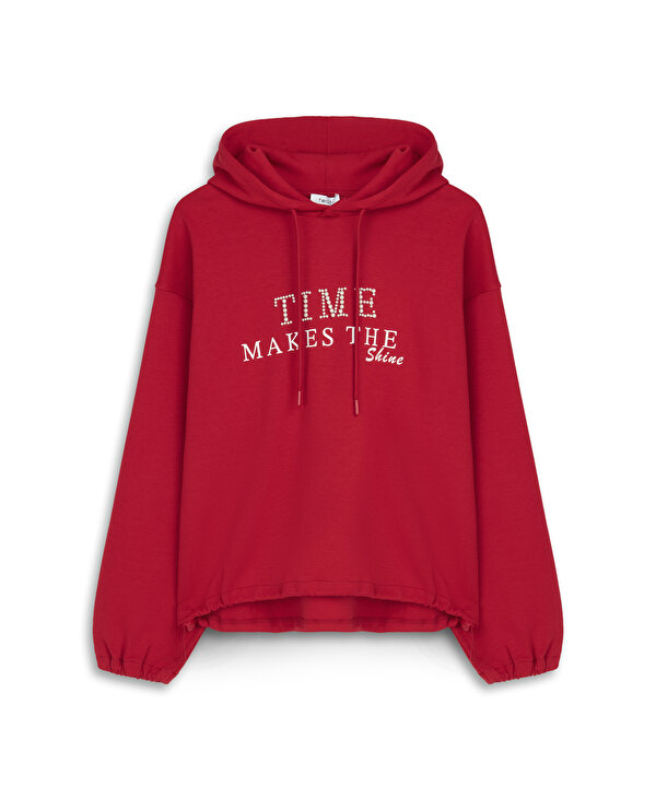 SUNİ İNCİ SLOGANLI SWEATSHIRT-TW6260091119034-Kırmızı-SWEATSHIRT