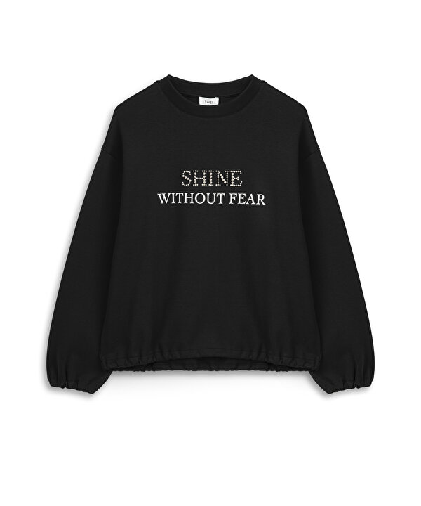BASKILI VE BONCUK SLOGANLI SWEATSHIRT-TW6260091125001-Siyah-SWEATSHIRT