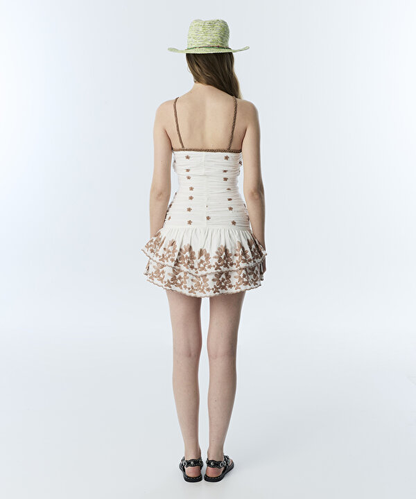 FLORAL NAKIŞLI MİNİ ELBİSE-TS1260002285018-Ekru-Elbise