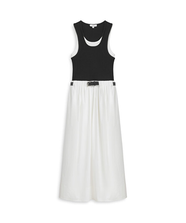 KEMERLİ COLORBLOCK ELBİSE-TS1260002293018-Ekru-Elbise