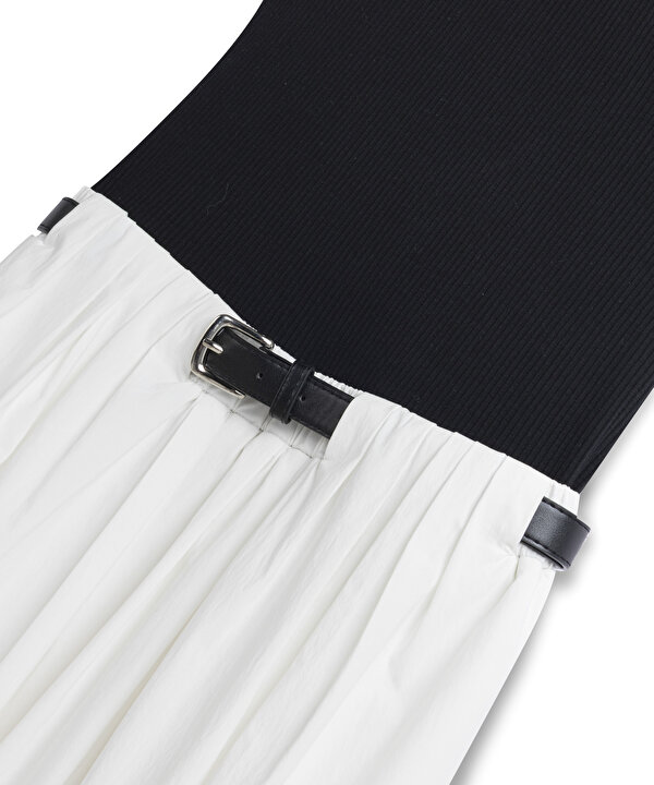KEMERLİ COLORBLOCK ELBİSE-TS1260002293018-Ekru-Elbise
