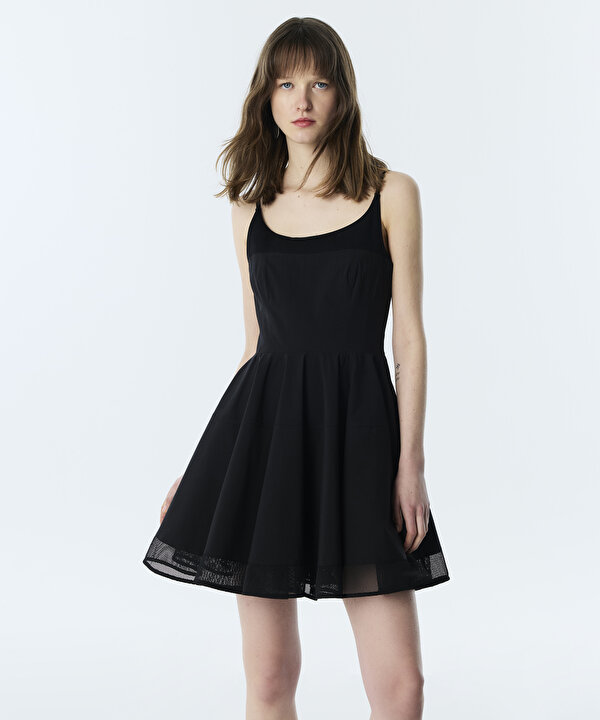 KUMAŞ MIX BEL VURGULU ELBİSE-TS1260002351001-Siyah-Elbise