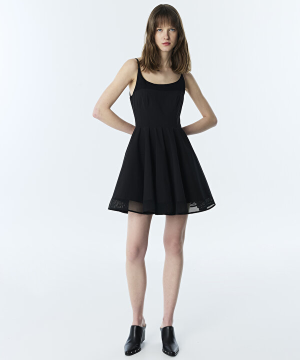 KUMAŞ MIX BEL VURGULU ELBİSE-TS1260002351001-Siyah-Elbise