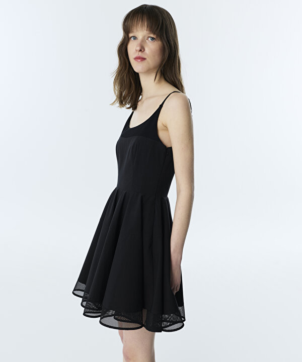 KUMAŞ MIX BEL VURGULU ELBİSE-TS1260002351001-Siyah-Elbise
