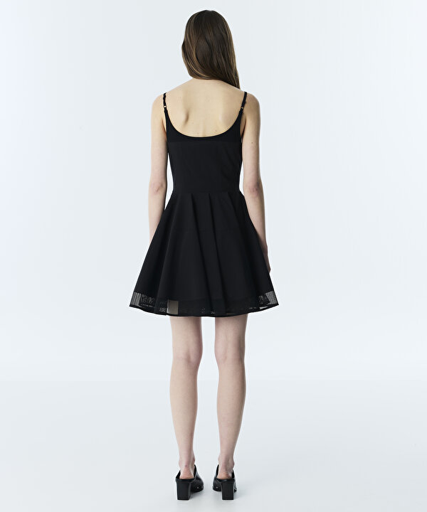 KUMAŞ MIX BEL VURGULU ELBİSE-TS1260002351001-Siyah-Elbise