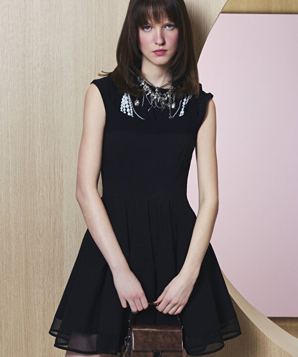 KUMAŞ MIX BEL VURGULU ELBİSE-TS1260002351001-Siyah-Elbise