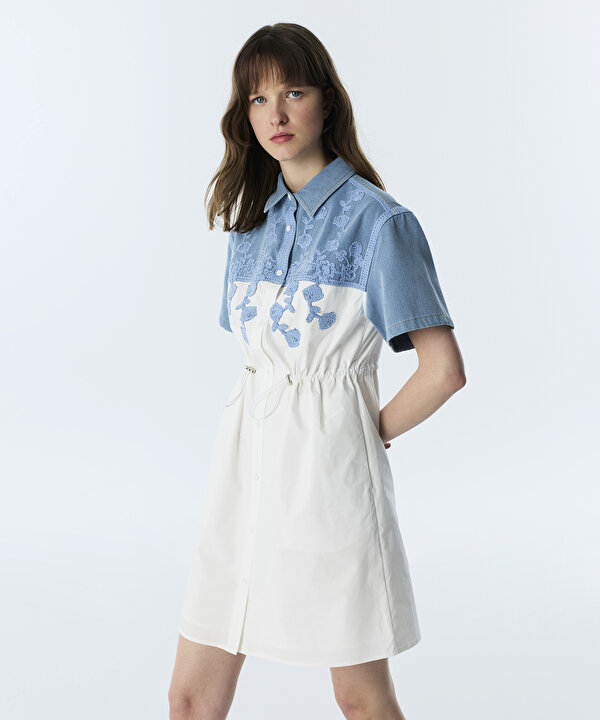 ÇİÇEK APLİKELİ KUMAŞ MIX ELBİSE-TS1260002379089-Mavi-Elbise