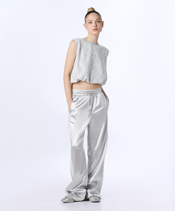 PARLAK DOKULU WIDE LEG PANTOLON-TS1260003134005-Gri-Pantolon
