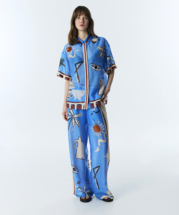 GÖRSEL BASKILI WIDE LEG PANTOLON-TS1260003175025-Turkuaz-Pantolon