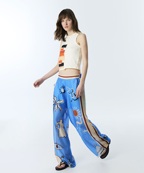 GÖRSEL BASKILI WIDE LEG PANTOLON-TS1260003175025-Turkuaz-Pantolon