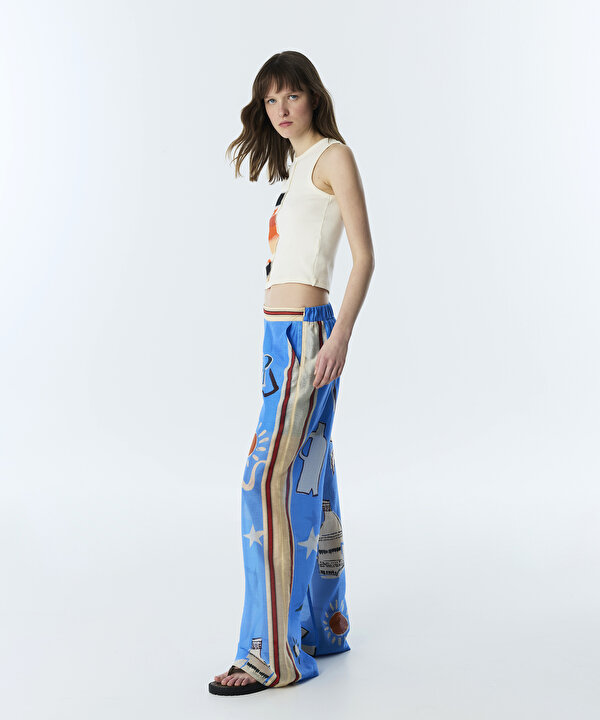 GÖRSEL BASKILI WIDE LEG PANTOLON-TS1260003175025-Turkuaz-Pantolon