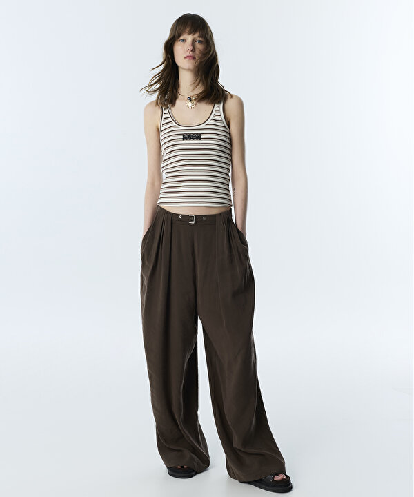 PİLELİ WIDE LEG PANTOLON-TS1260003258074-Kahverengi-Pantolon