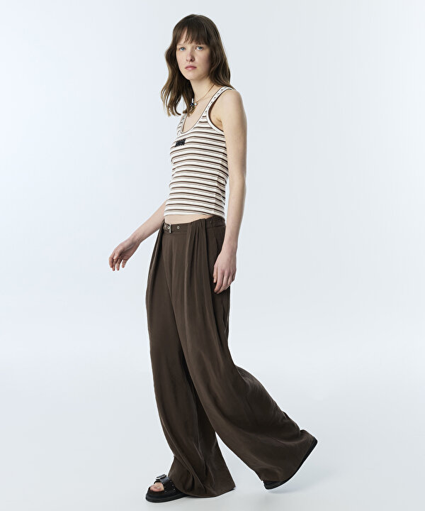 PİLELİ WIDE LEG PANTOLON-TS1260003258074-Kahverengi-Pantolon