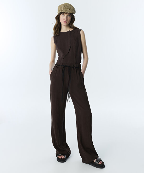 PÜSKÜLLÜ KEMERLİ WIDE LEG PANTOLON-TS1260003261074-Kahverengi-Pantolon