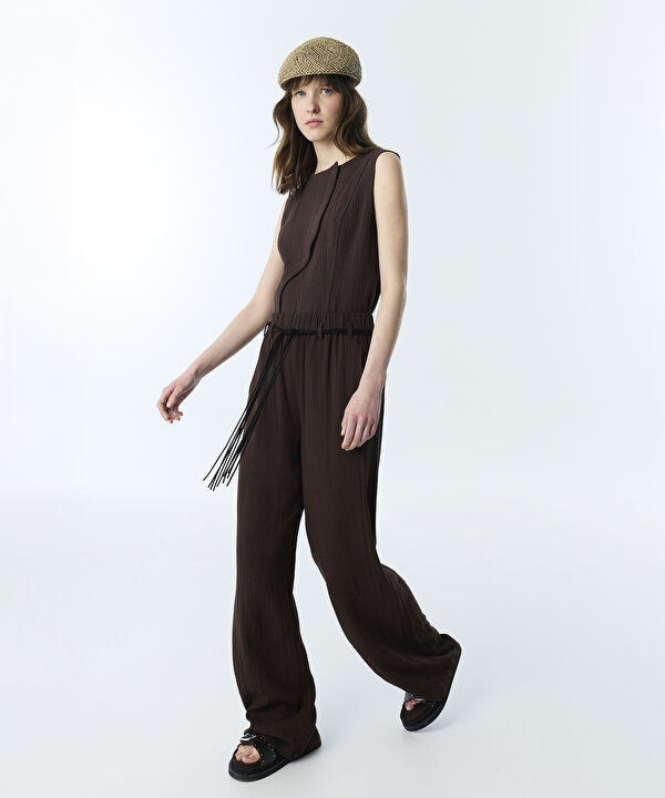 PÜSKÜLLÜ KEMERLİ WIDE LEG PANTOLON-TS1260003261074-Kahverengi-Pantolon