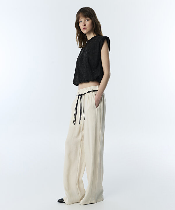 PÜSKÜLLÜ KEMERLİ WIDE LEG PANTOLON-TS1260003261AB1-Yağ-Pantolon