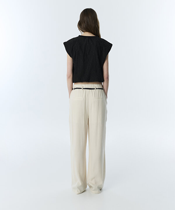 PÜSKÜLLÜ KEMERLİ WIDE LEG PANTOLON-TS1260003261AB1-Yağ-Pantolon