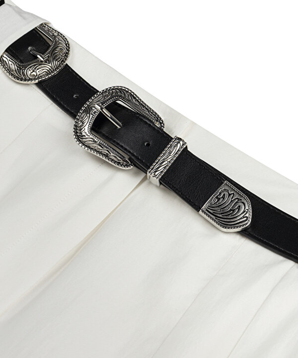 ÇİFT TOKALI KEMERLİ PANTOLON-TS1260003380018-Ekru-Pantolon