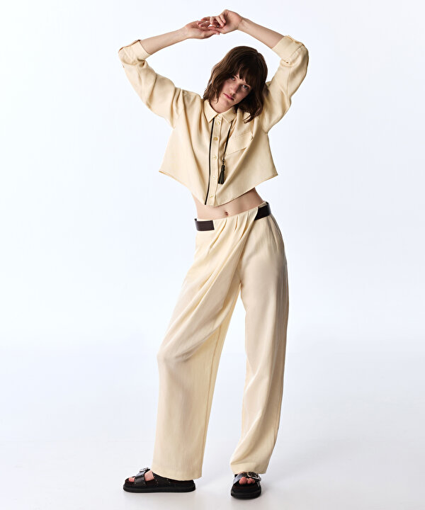 DRAPELİ BARREL FİT PANTOLON-TS1260003417AB1-Yağ-Pantolon