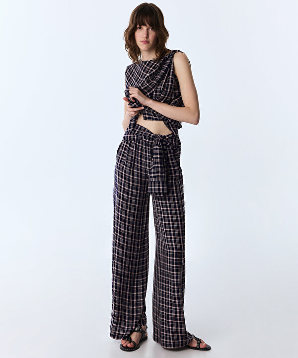 BELDEN BAĞLAMALI WIDE LEG PANTOLON-TS1260003419015-Lacivert-Pantolon