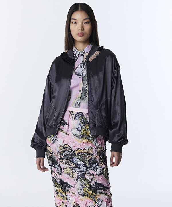 PARLAK DOKULU FIRFIRLI BOMBER CEKET-TS1260005066036-Antrasit-Ceket