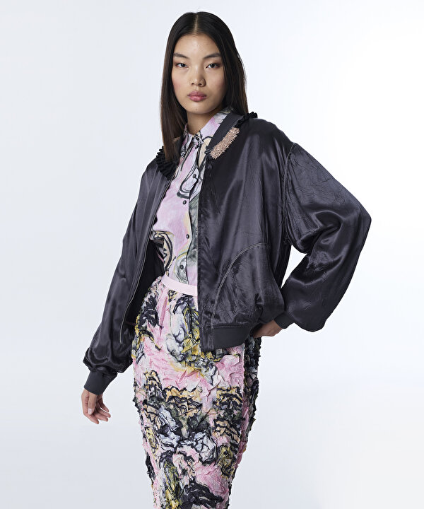 PARLAK DOKULU FIRFIRLI BOMBER CEKET-TS1260005066036-Antrasit-Ceket