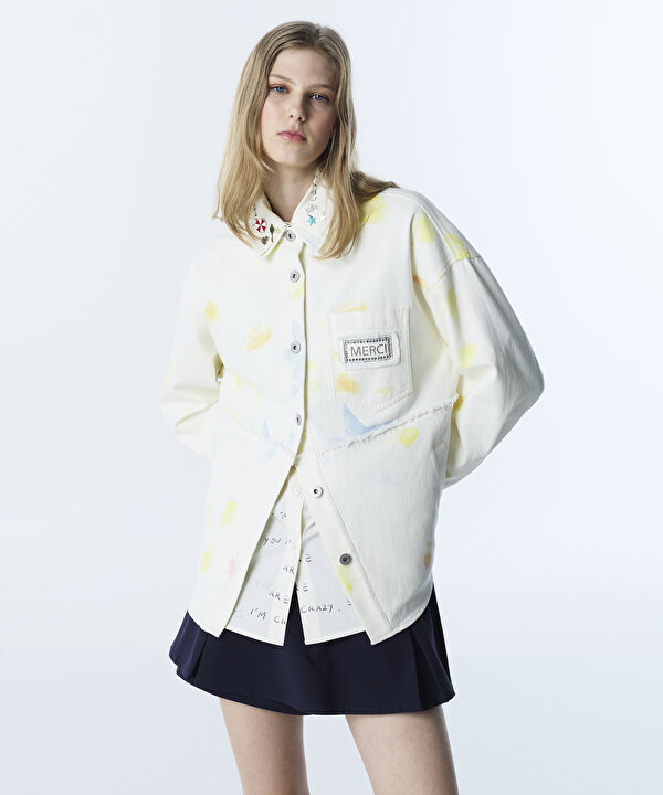 GÖRSEL BASKILI RAW EDGE CEKET-TS1260005067082-Krem-Ceket