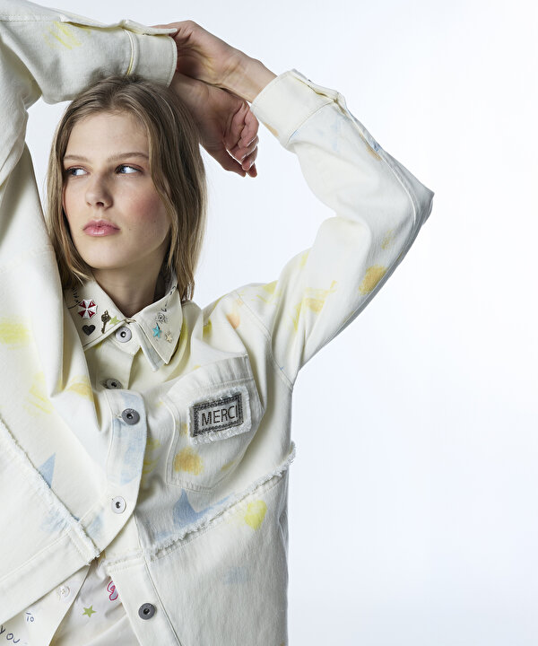 GÖRSEL BASKILI RAW EDGE CEKET-TS1260005067082-Krem-Ceket