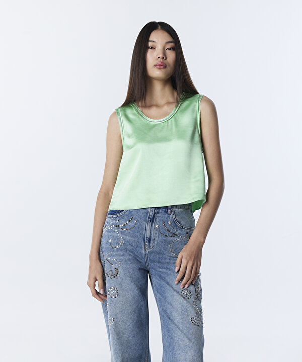 SATEN DOKULU RAW EDGE BLUZ-TS1260006071013-Mint Yeşili-Bluz