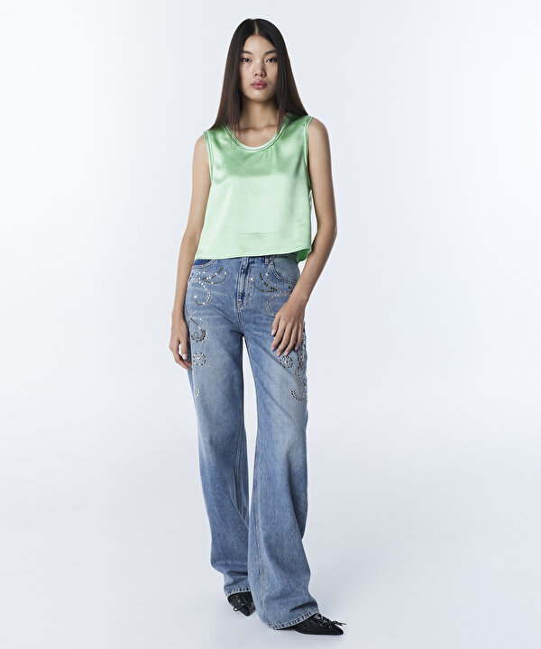 SATEN DOKULU RAW EDGE BLUZ-TS1260006071013-Mint Yeşili-Bluz